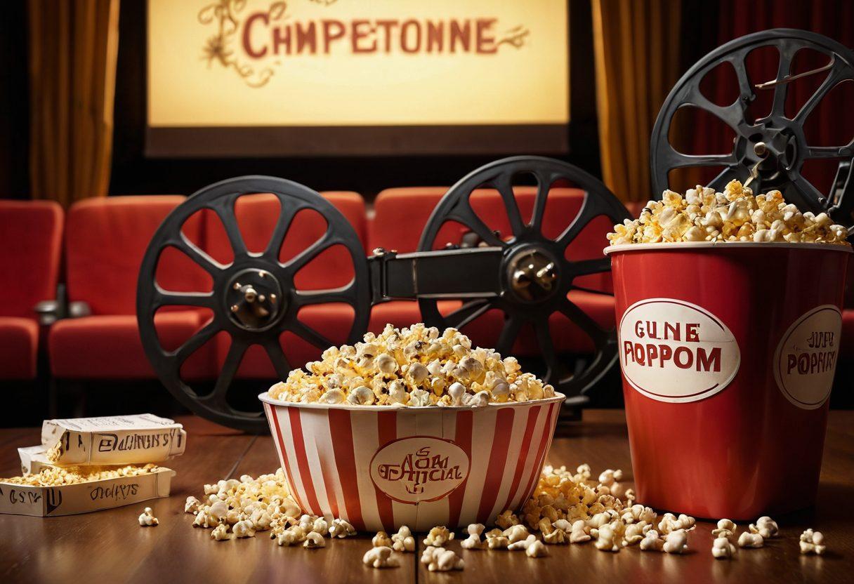 A cinematic scene featuring a film reel unraveling, surrounded by popcorn and a vintage projector casting light. In the background, film posters of classic box office hits are displayed, while a film critic is engrossed in writing notes. The atmosphere is vibrant with soft golden lighting mimicking a cozy movie theater. super-realistic. vibrant colors. cinematic style.