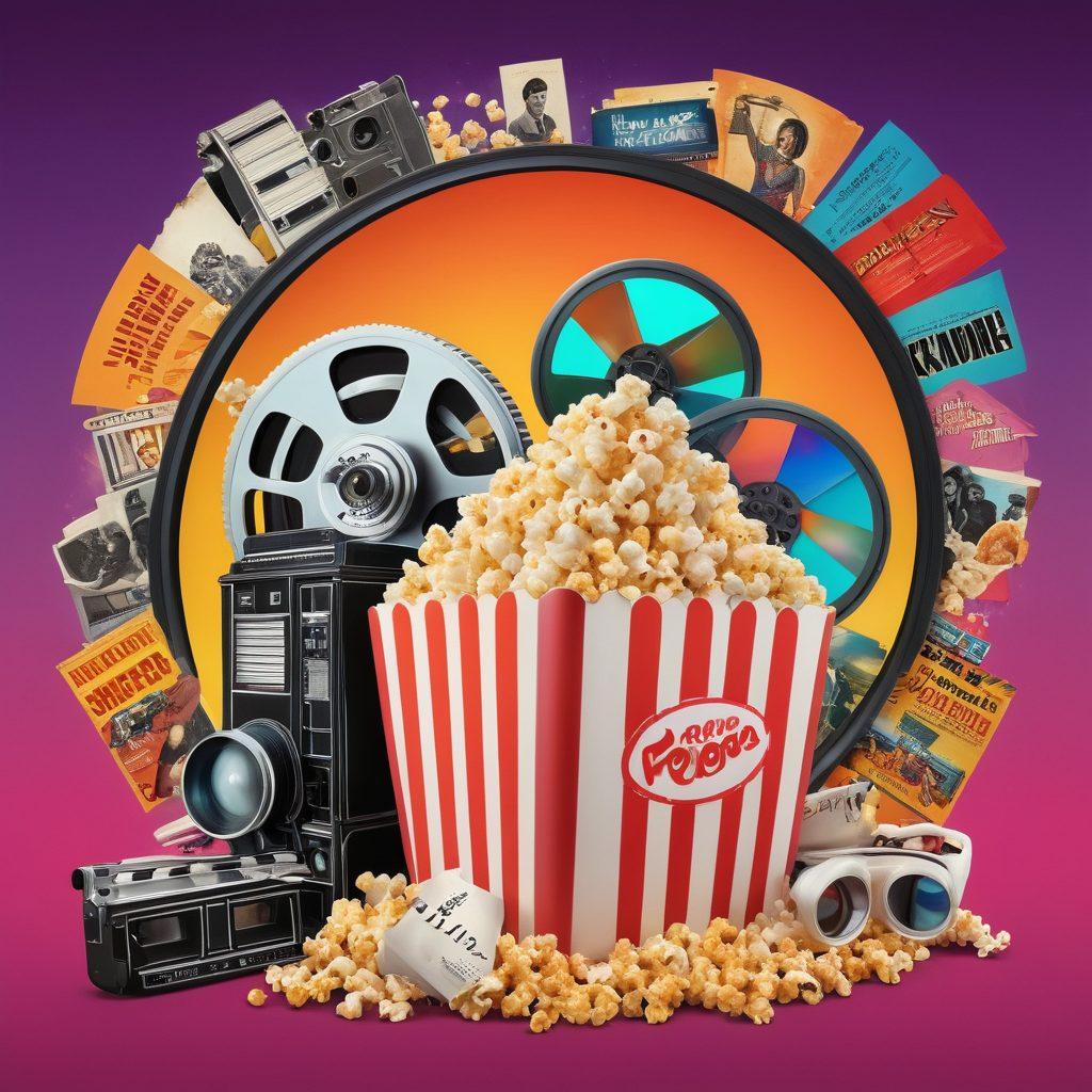 A dynamic collage of classic movie posters transitioning into vibrant indie film artworks. In the center, a film reel unfurling with elements like popcorn, 3D glasses, and an old-school projector. The background features a gradient of film scenes, showcasing iconic classics on one side and fresh, artistic independents on the other. The atmosphere should evoke nostalgia and excitement for cinema lovers. super-realistic. vibrant colors. 3D.